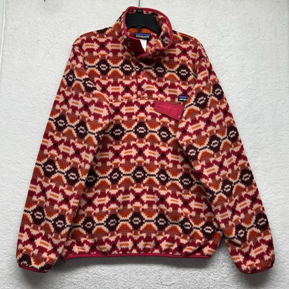 Patagonia Womens Size S Red Synchilla Snap T Fleece Pullover Aztec Sweatshirt